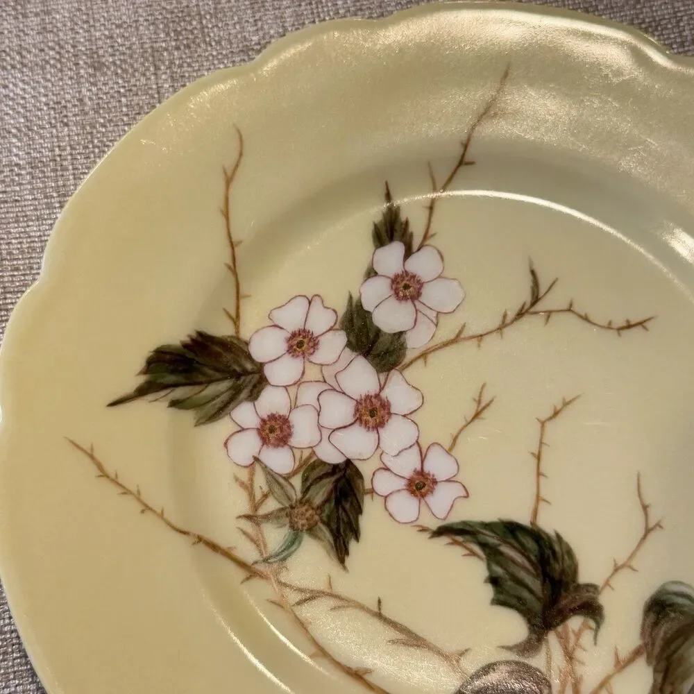 Antique H & Co Limoges Hand Painted Yellow W White Flowers Green 7 3/4” Thorns